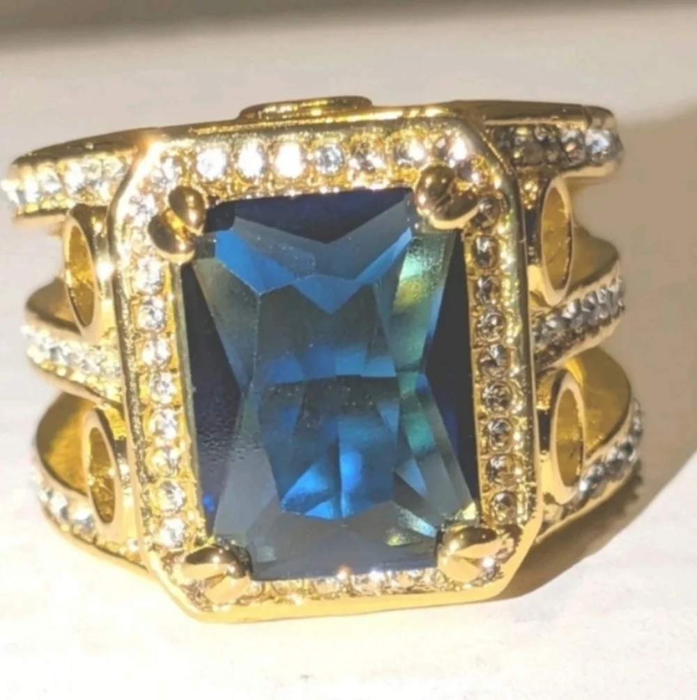 8ct Emerald Lab Created Blue Sapphire Mens Wedding Ring 14k Yellow Gold Plated11
